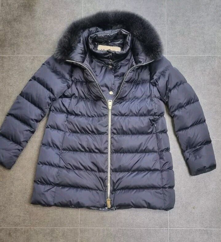 Herno Women's Navy Blue Lightweight Down Insulated Coat Detachable Fur Collar 48