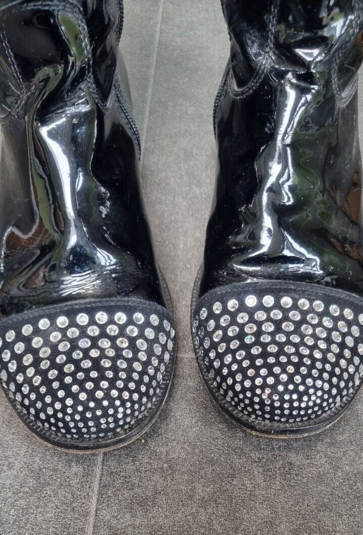 Vero Cuoio Girls Black Patent Leather With Diamanté Boots Size 36
