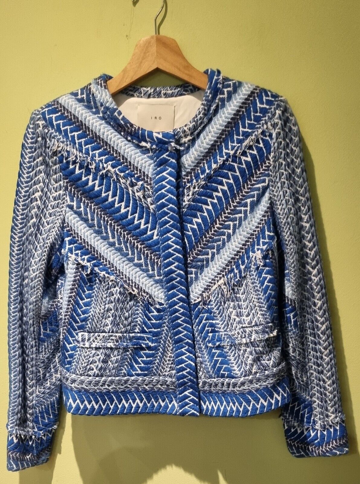 IRO Women's Blue Herringbone, Embroidered, Frayed Jacket Size 36