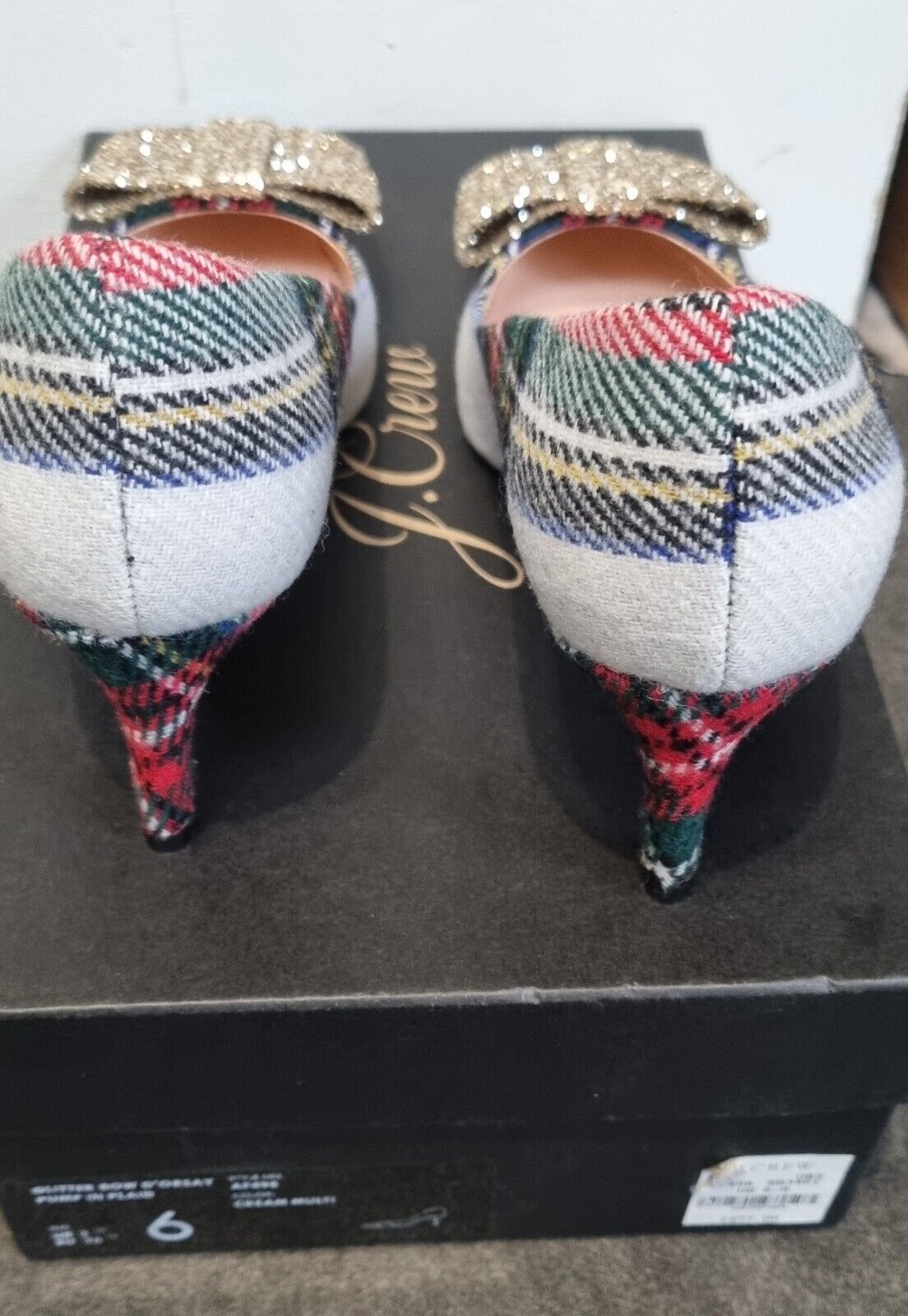 BNWT J Crew Tarten Women's Heals With Glitter Sequinned Bows In Box Size 6