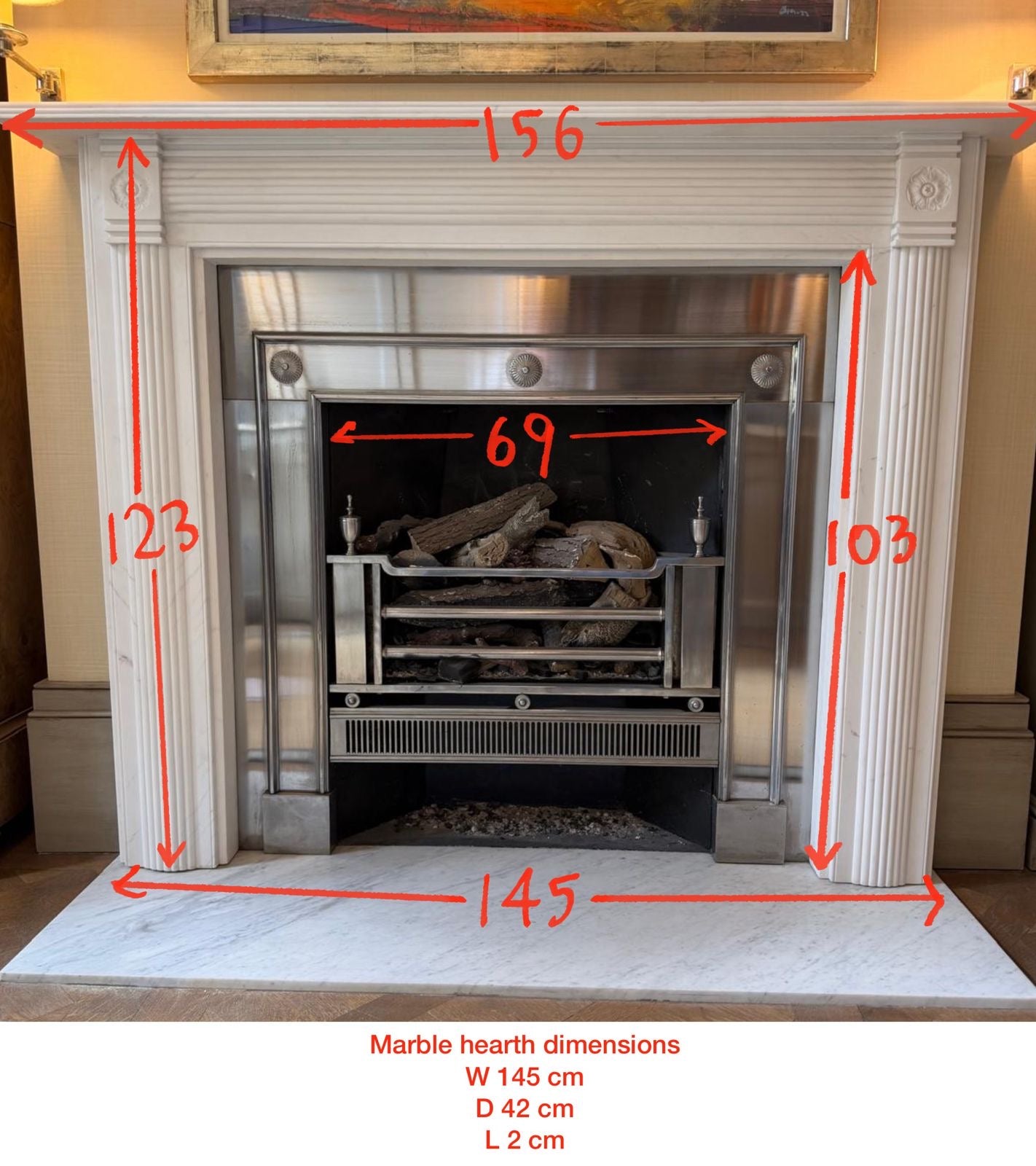 Chesney's White Longbourne Chimney Piece, Wentworth Register Grate & Carrara Hearth