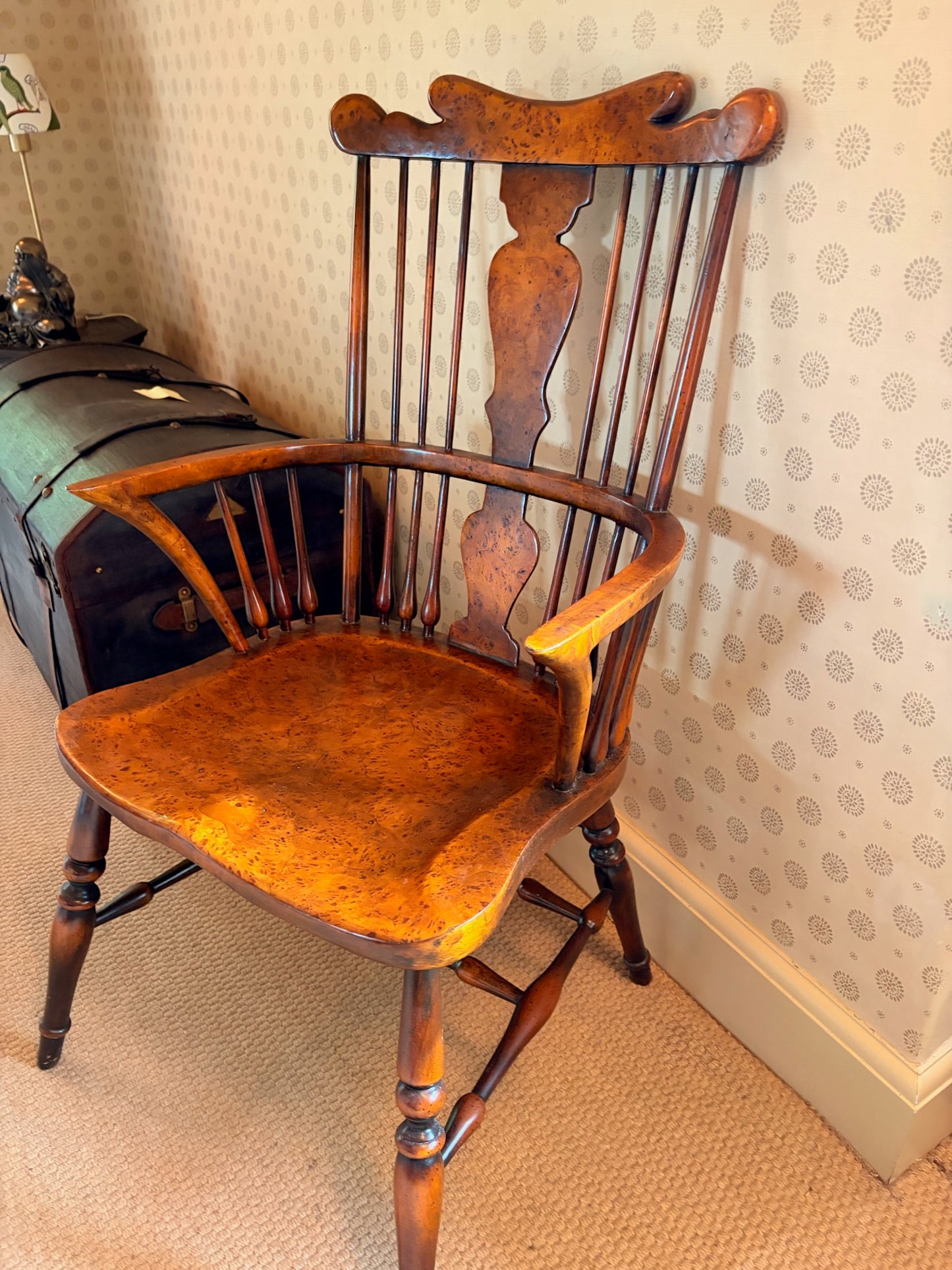 Burled Wood Seat Windsor Armchair with Spindle Back