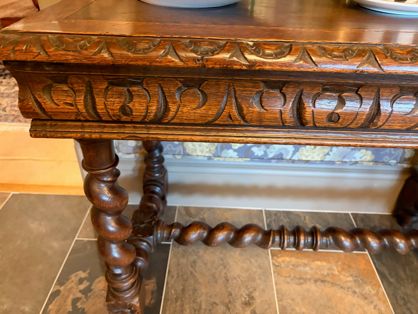 French Carved Oak Barley Twist Writing Table