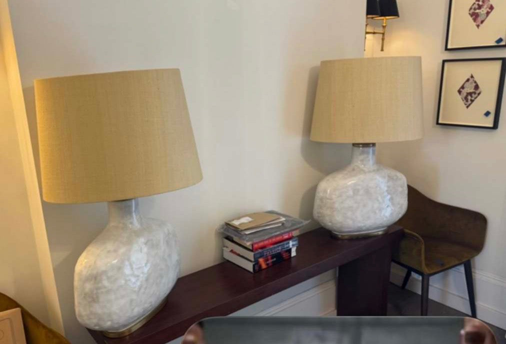 Visual Comfort Antiqued White Benton Large Table Lamp with Beige Shade