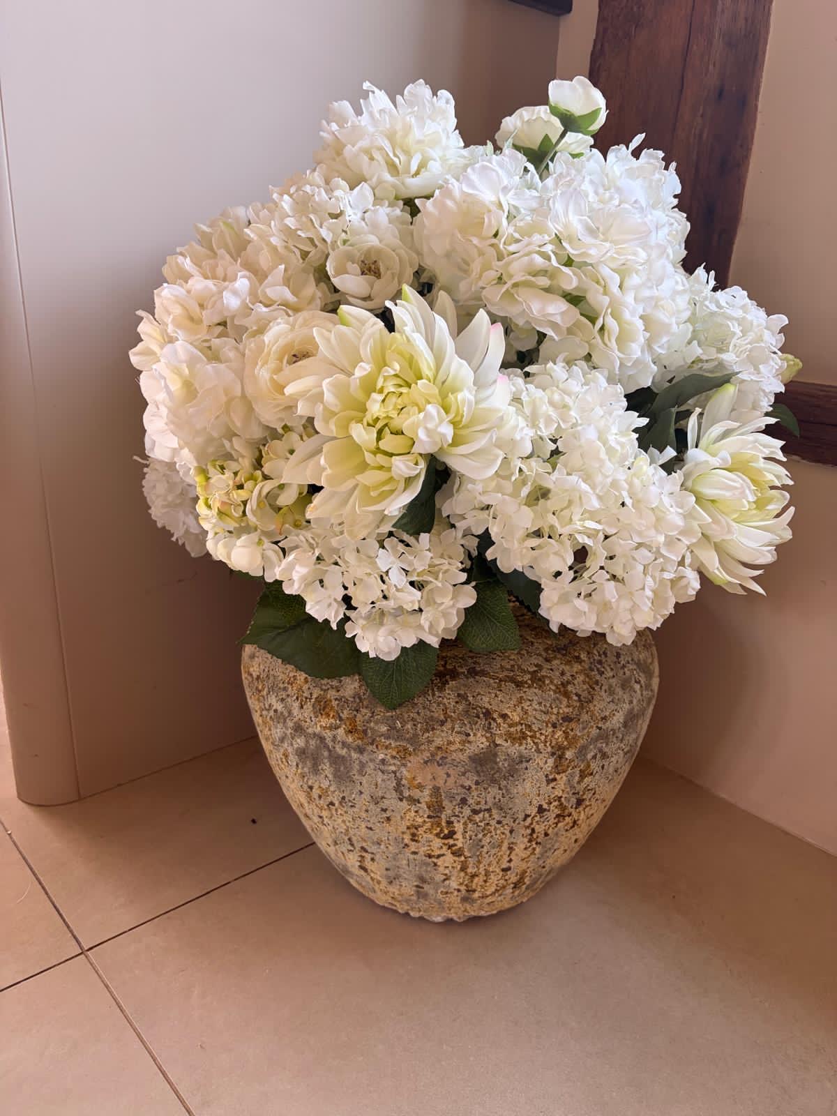 Faux Flower Arrangement in Stone Pot