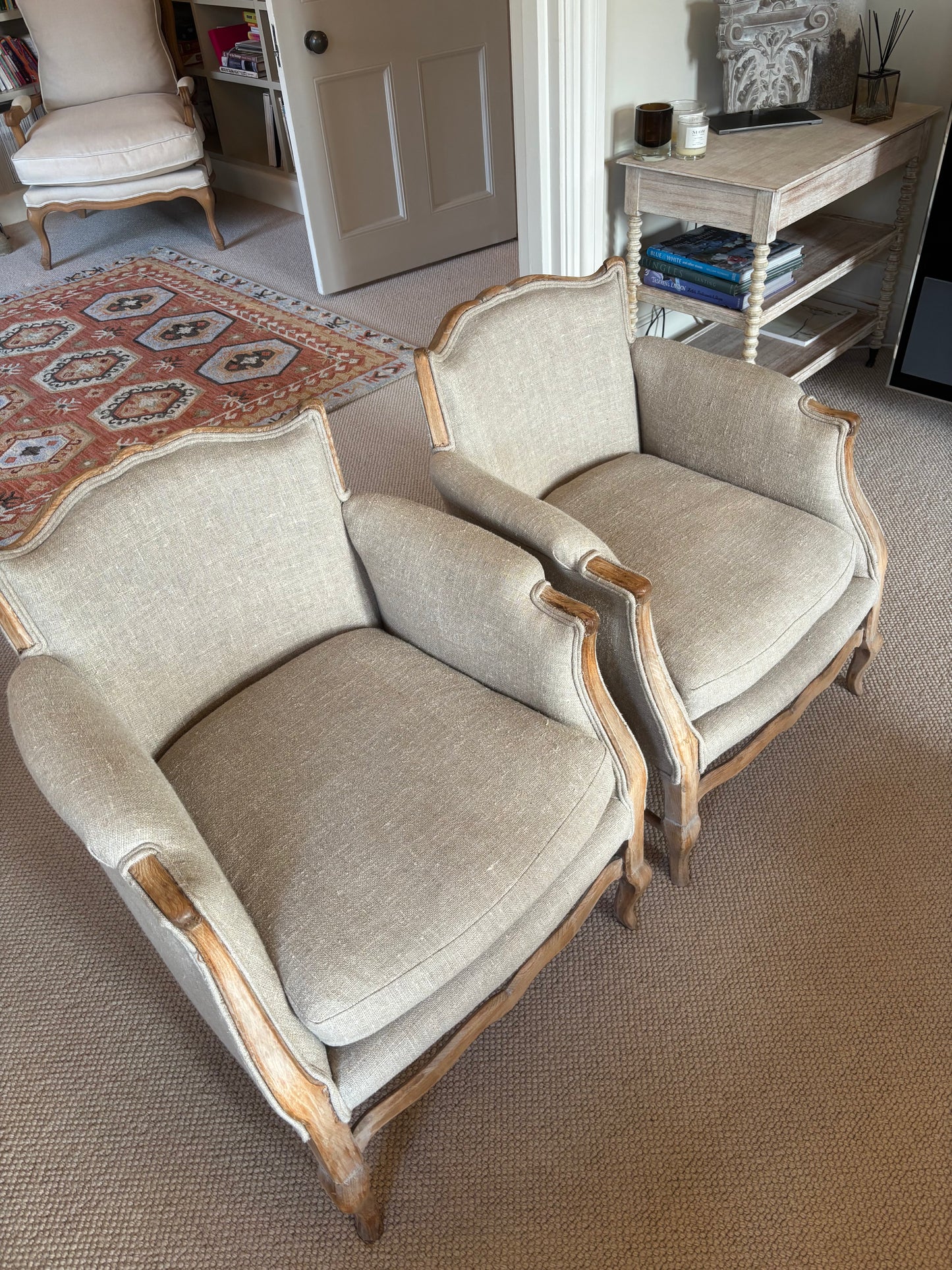 Pair of Beige Upholstered Wooden Armchairs