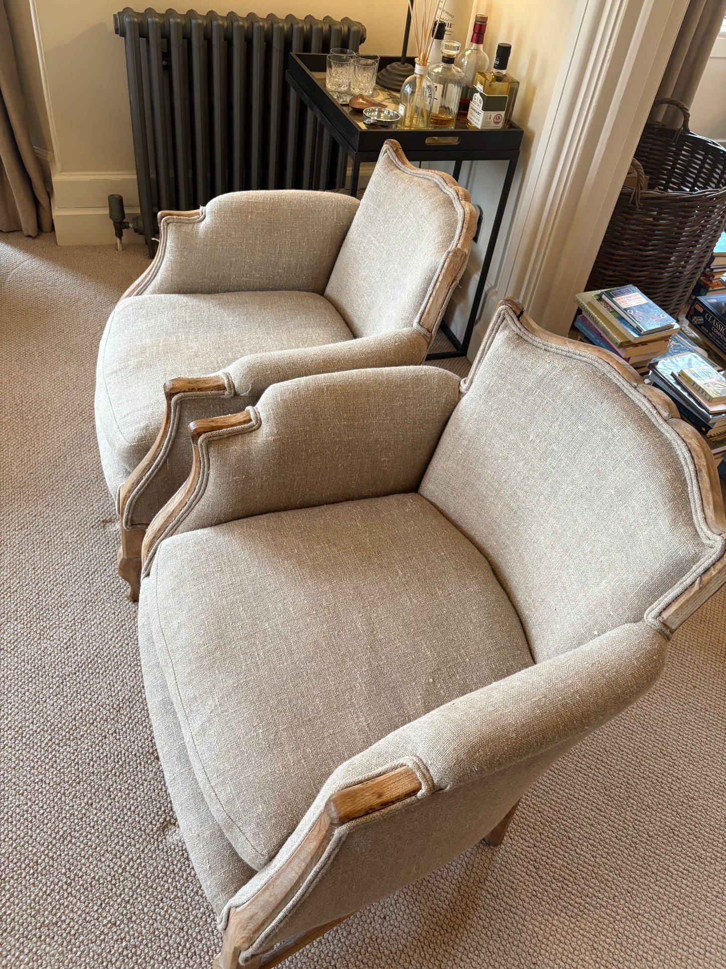 Pair of Beige Upholstered Wooden Armchairs