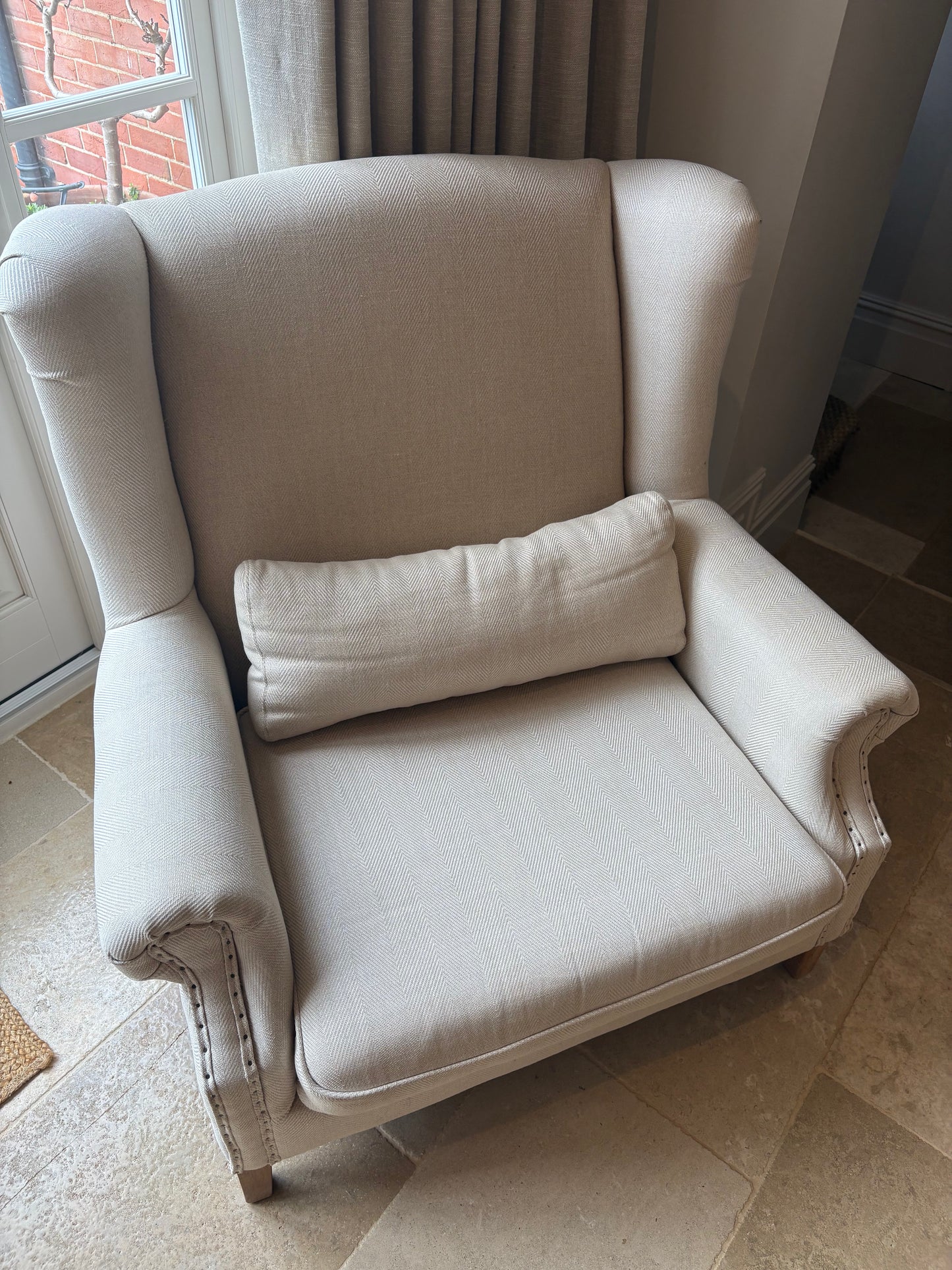 Pair of Beige Linen One.World Love Chairs