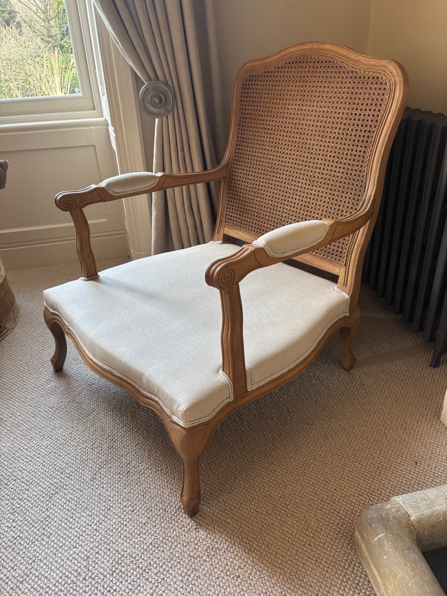 Pair of Beige Carver Chair with Upholstery and Rattan Back