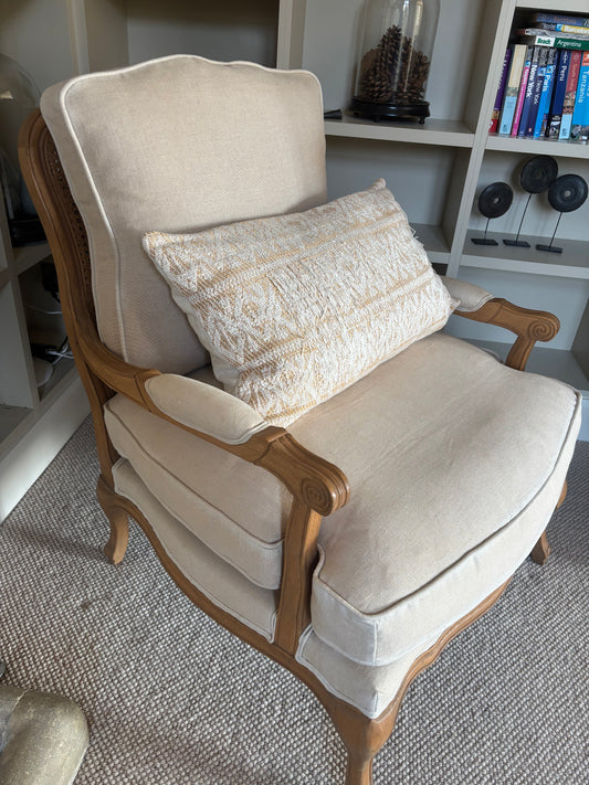 Pair of Beige Carver Chair with Upholstery and Rattan Back