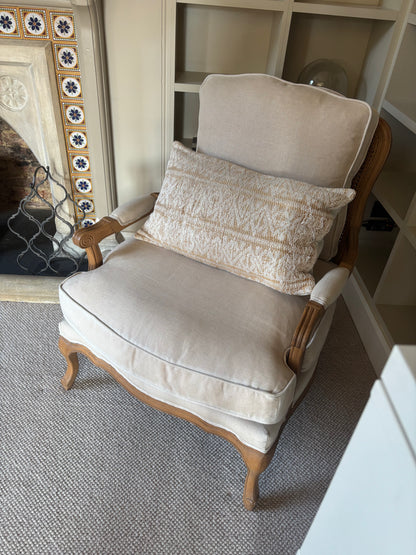 Pair of Beige Carver Chair with Upholstery and Rattan Back