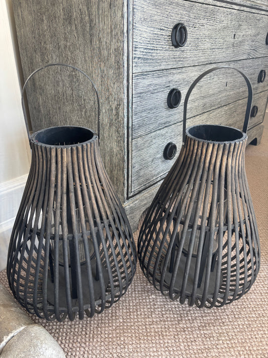 Pair of Black Cane Hurricane Lamps