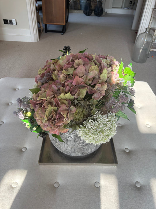 Dried Hydrangeas in Stone Pot