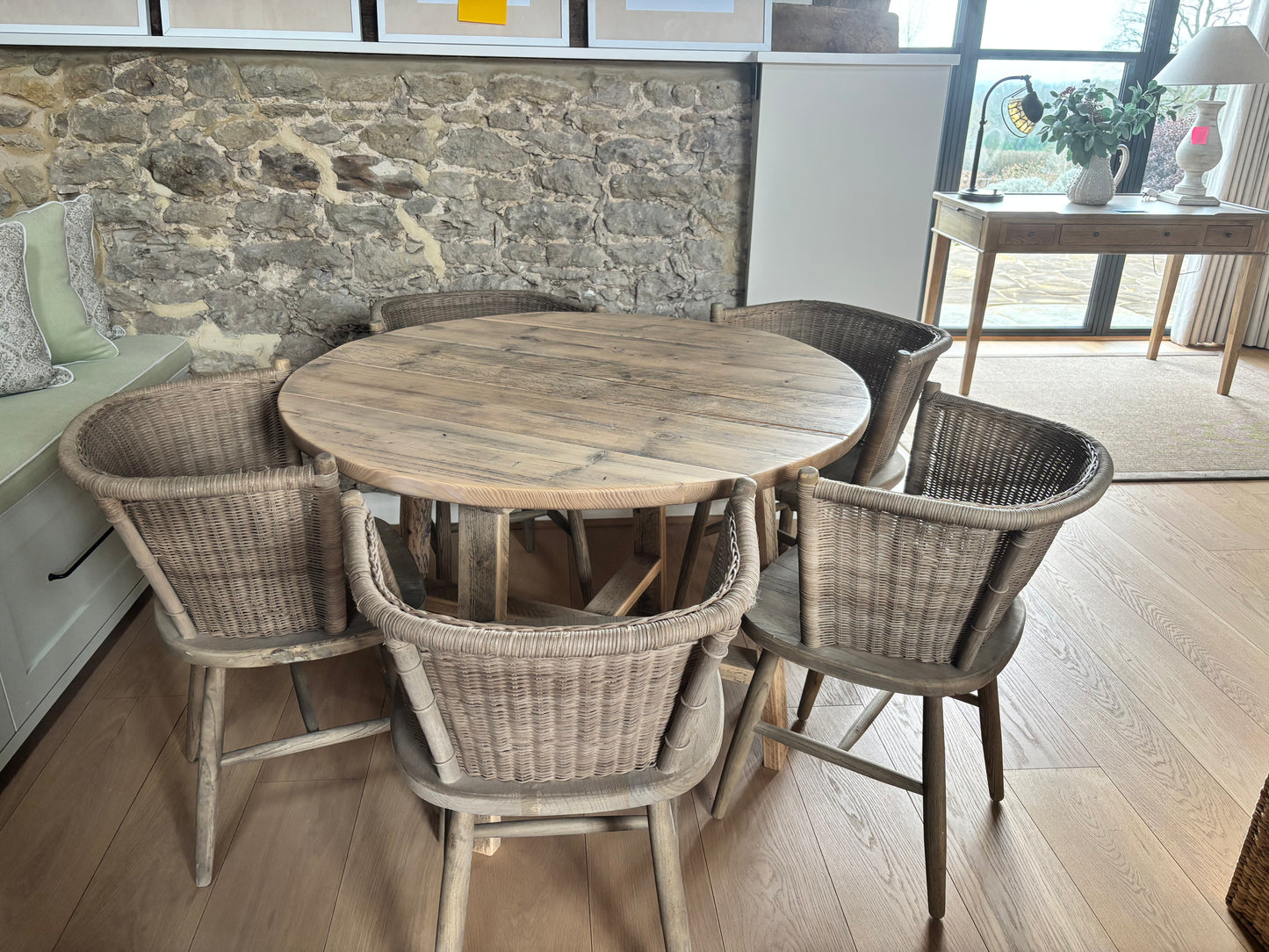 Ennis and Brown Circular Oak Dining Table and 5 Oka Tinto Dining Chairs