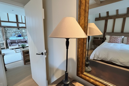 Coach House Pair Tall Metal Based Lamps with Beige/Brown Shades