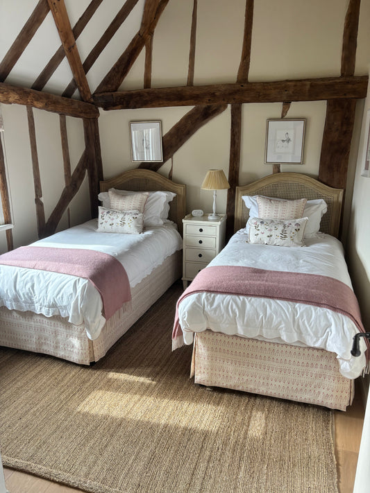 Pair of Coach House Single Divan Beds With Pink and Cream Valences with drawers