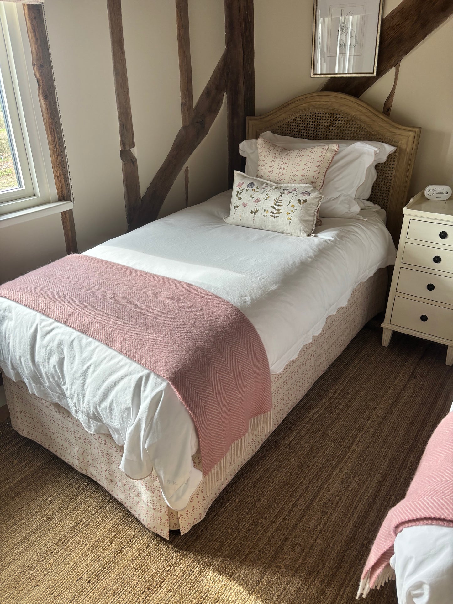 Pair of Coach House Single Divan Beds With Pink and Cream Valences with drawers