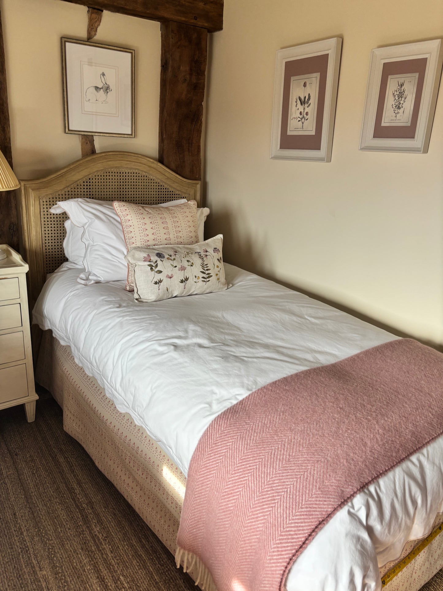 Pair of Coach House Single Divan Beds With Pink and Cream Valences with drawers