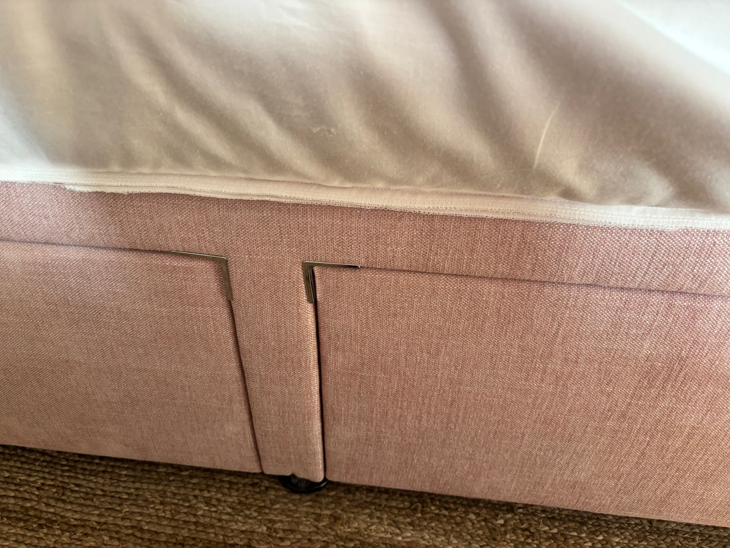 Pair of Coach House Single Divan Beds With Pink and Cream Valences with drawers