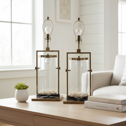Visual Comfort Pair Large Lamps Glass and Brass with Seashells Inside no shades