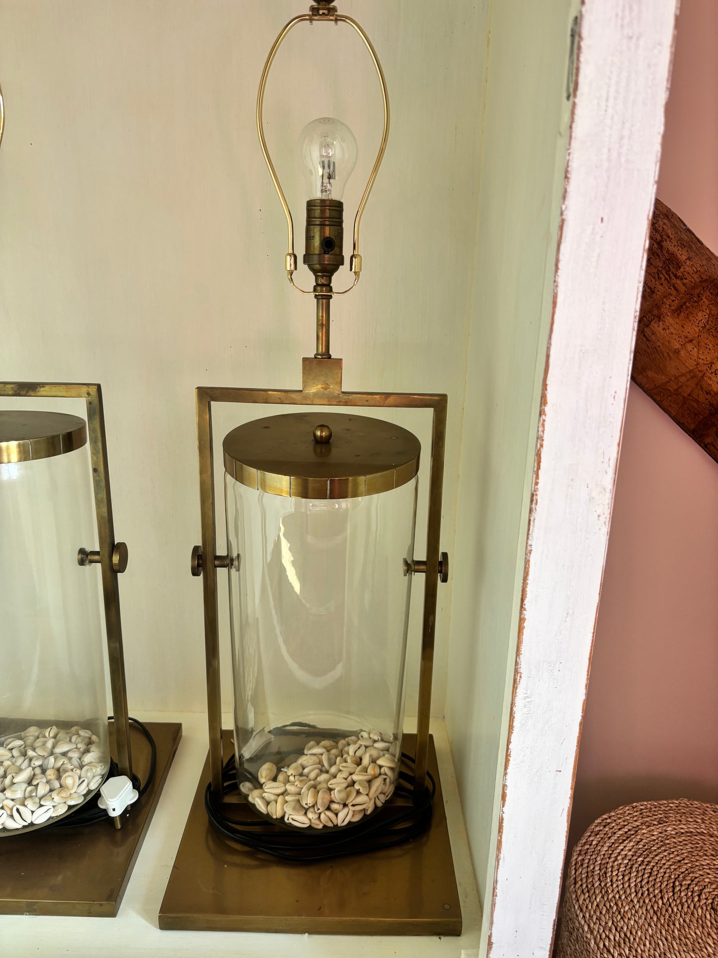 Visual Comfort Pair Large Lamps Glass and Brass with Seashells Inside no shades