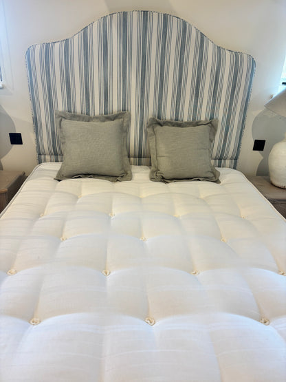 Bespoke Kingsize Bed with Blue and Cream Stripe Upholstered Headboard matching Valence and drawers each side.  Coach House Orthopedic Mattrress
