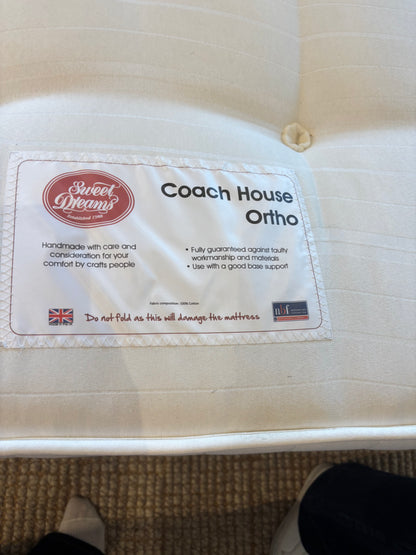 Bespoke Kingsize Bed with Blue and Cream Stripe Upholstered Headboard matching Valence and drawers each side.  Coach House Orthopedic Mattrress