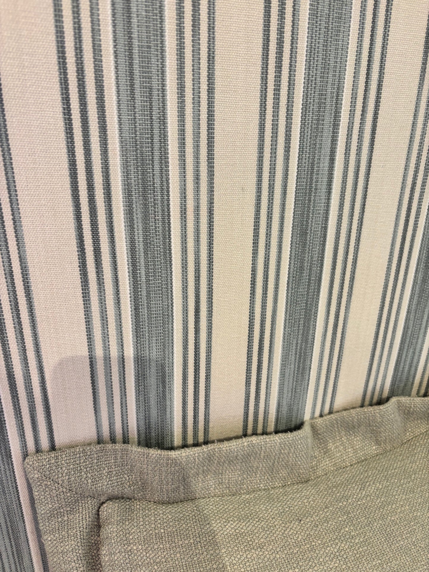 Bespoke Kingsize Bed with Blue and Cream Stripe Upholstered Headboard matching Valence and drawers each side.  Coach House Orthopedic Mattrress