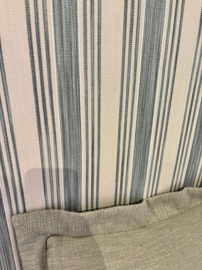 Bespoke Kingsize Bed with Blue and Cream Stripe Upholstered Headboard matching Valence and drawers each side.  Coach House Orthopedic Mattrress