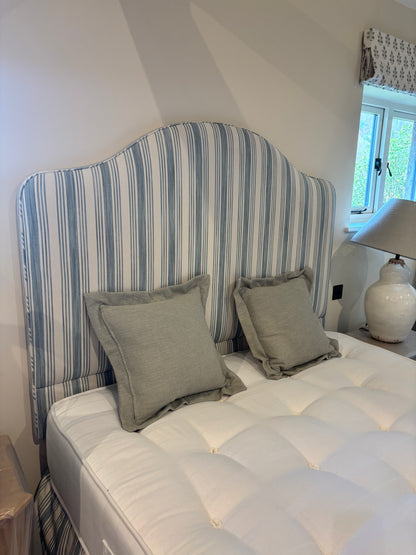 Bespoke Kingsize Bed with Blue and Cream Stripe Upholstered Headboard matching Valence and drawers each side.  Coach House Orthopedic Mattrress