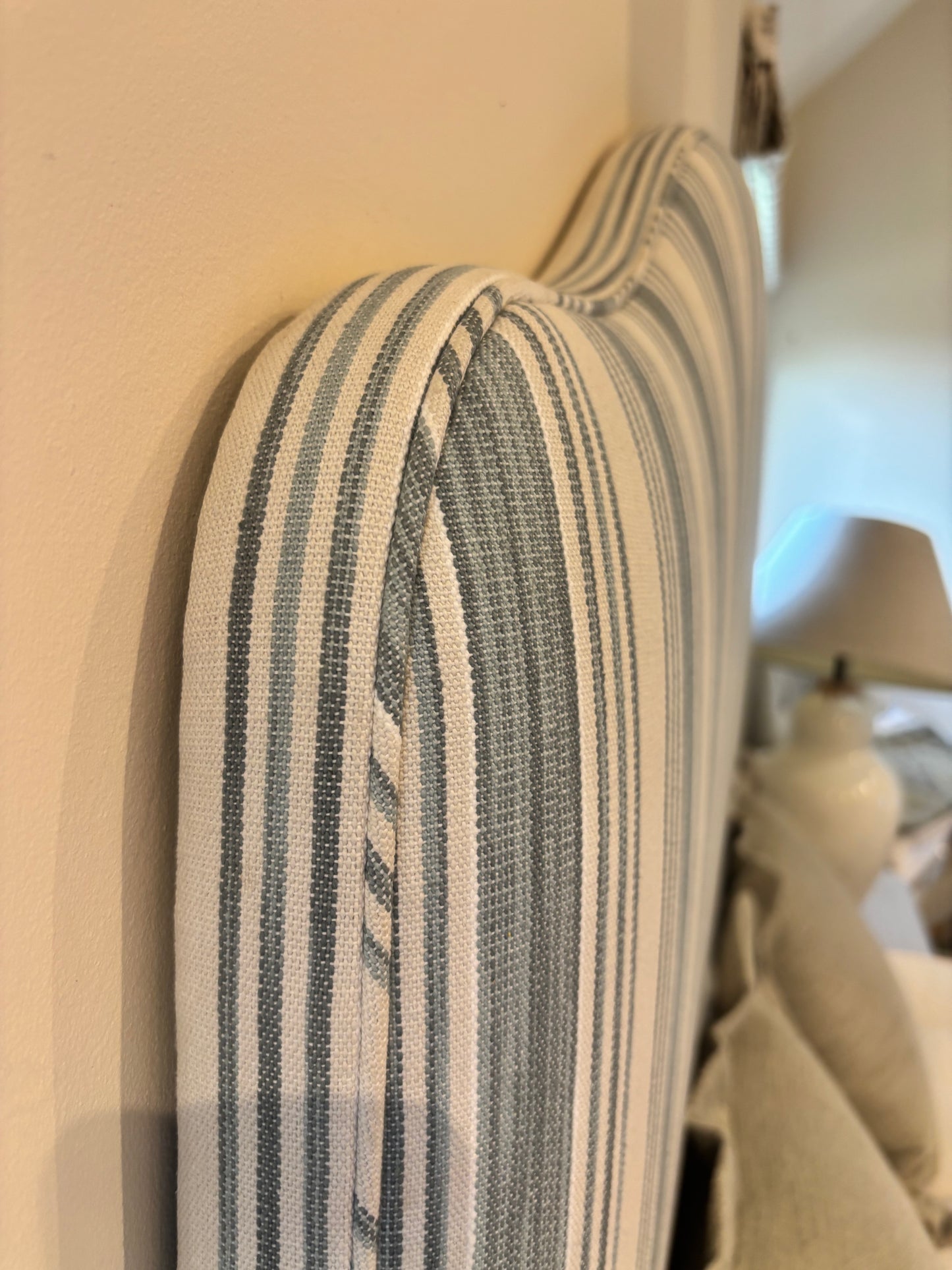 Bespoke Kingsize Bed with Blue and Cream Stripe Upholstered Headboard matching Valence and drawers each side.  Coach House Orthopedic Mattrress