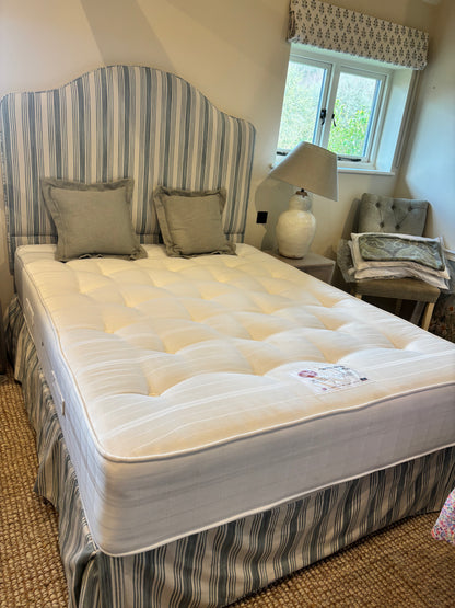 Bespoke Kingsize Bed with Blue and Cream Stripe Upholstered Headboard matching Valence and drawers each side.  Coach House Orthopedic Mattrress