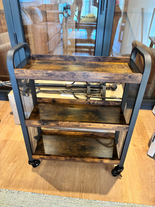 Brown Wood & Black Metal Mesh Trolley