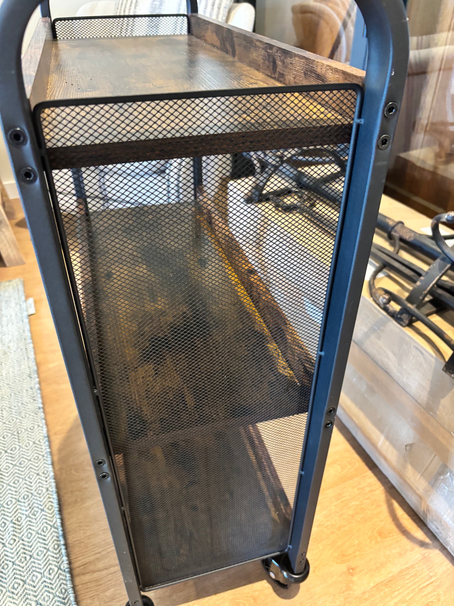 Brown Wood & Black Metal Mesh Trolley
