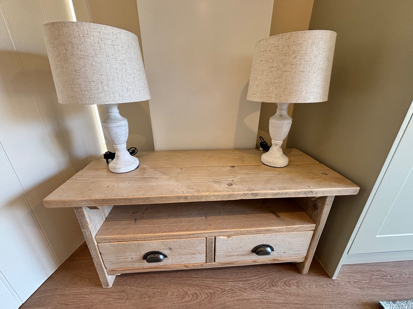 Coach House Pair White Base Lamps with Beige Circular Shades