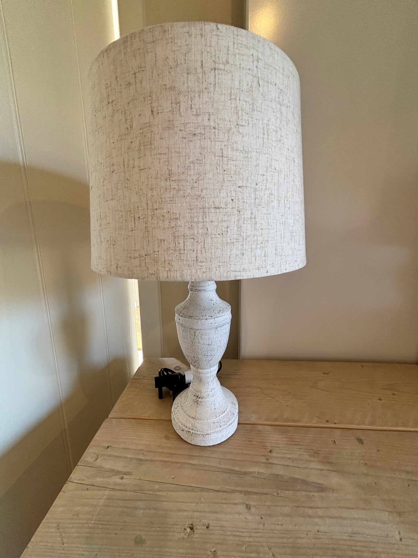 Coach House Pair White Base Lamps with Beige Circular Shades