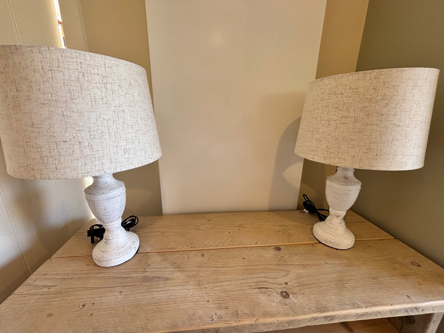 Coach House Pair White Base Lamps with Beige Circular Shades