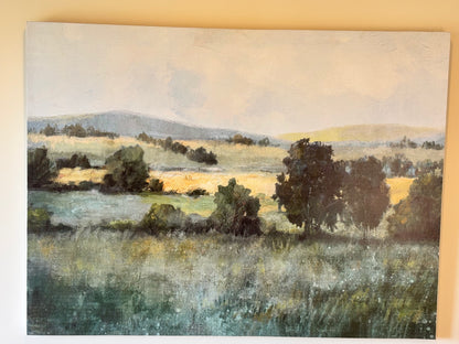 Coach House Large Canvas Painting of Woodland and fields