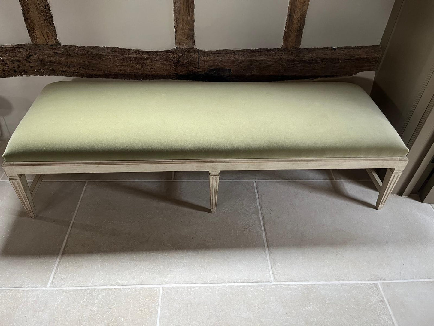 Provencale Bench with Green Velvet Upholstery by Chelsea Textiles