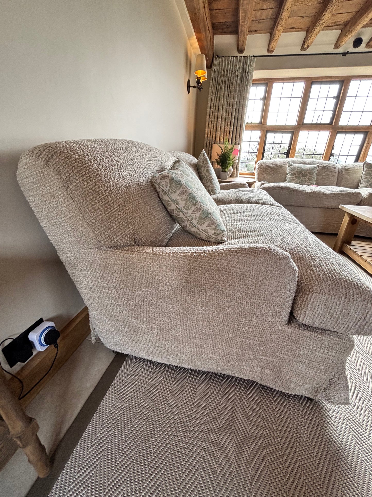 Andrew Martin Cream Chenile Sofa and Footstall - Brand New