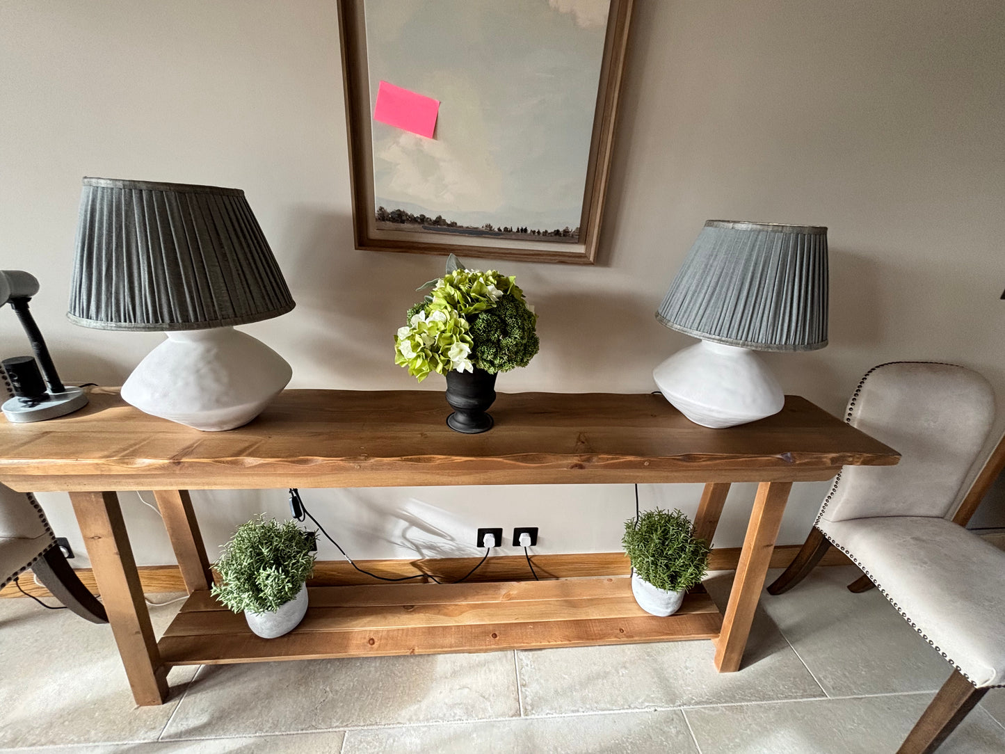 Oka Pair of Stone Lamps with Sea Grey Pleated Shades