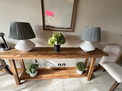 Oka Pair of Stone Lamps with Sea Grey Pleated Shades