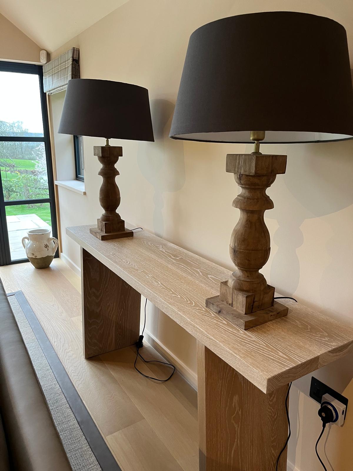 Pair of Large Wooden Lamps with Charcoal Shades