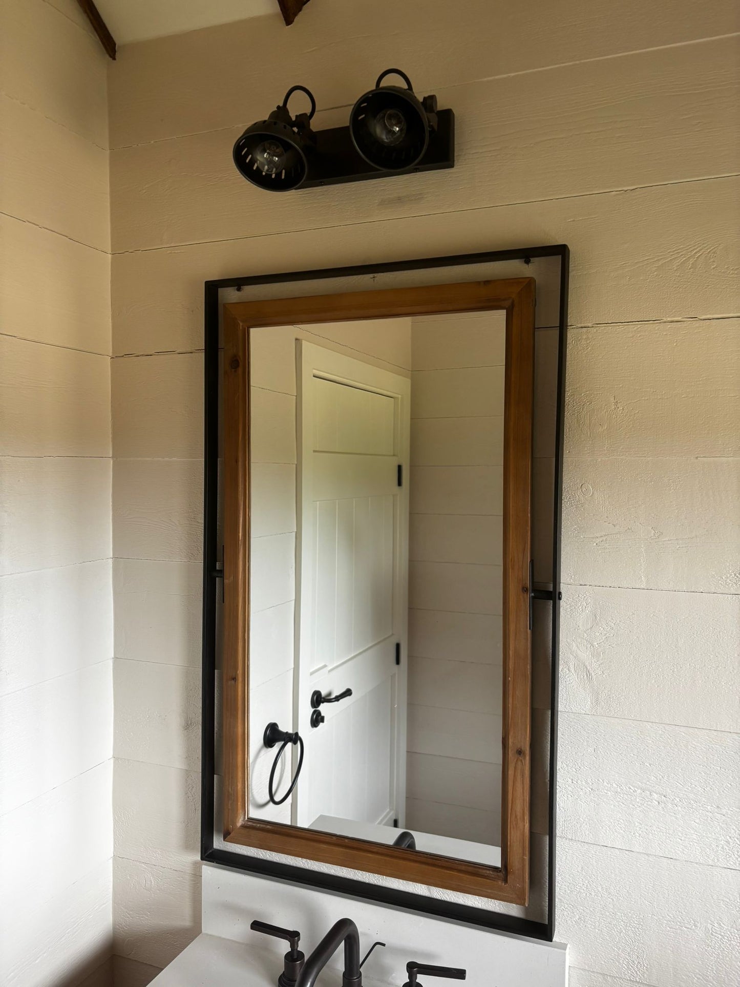 Wooden Mirror in Black Metal Frame