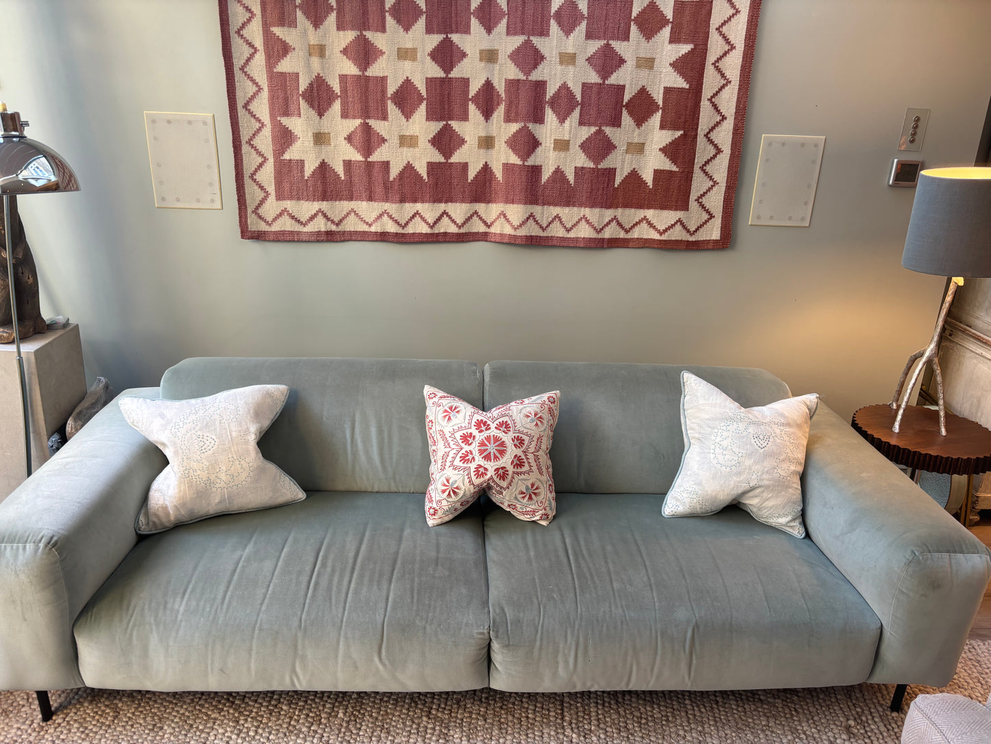 Heal's Duck Egg Three Seater Velvet Sofa