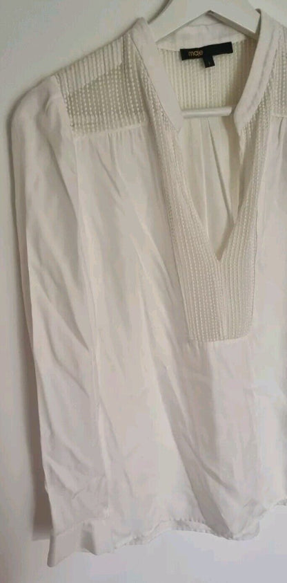 Maje Women's Ivory Long Sleeved V Neck Blouse With Lace Detail Size 1