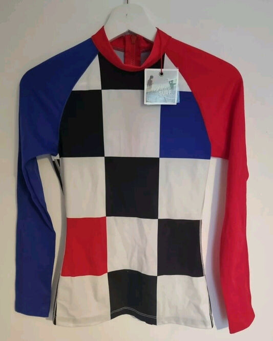 BNWT Pret A Surf Women's Racer Rashguard Checks Surf Top Size S
