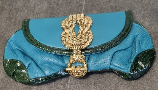 Lara Bohinc Designer Blue Leather And Gold Clutch Bag With Logo Dust Bag