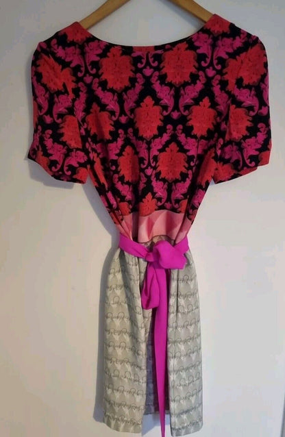 Mary Katrantzou Women's Multicoloured 100% Silk Dress With Pink Sash Size 10