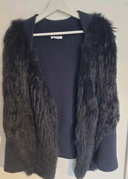 Nicole Farhi Women's Navy Blue Waistcoat Jumper Gilet Rabbit Fur  Front Size L